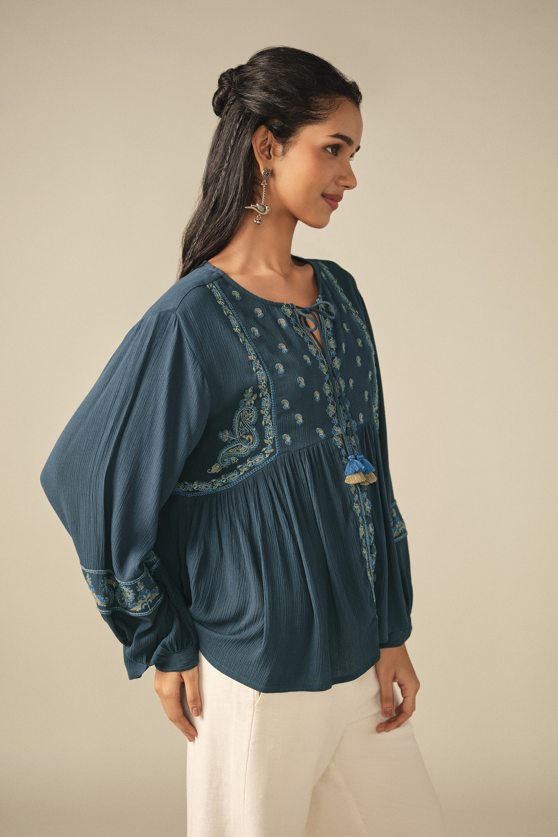 Embroidered Peasant Top in Indigo, Indigo, image 4